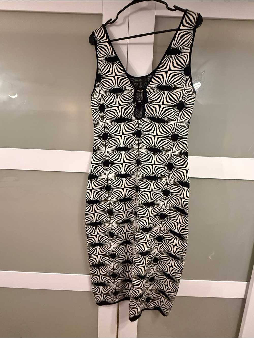 House of Harlow Black & Cream Knit Geometric Bodycon Dress with Gold detail